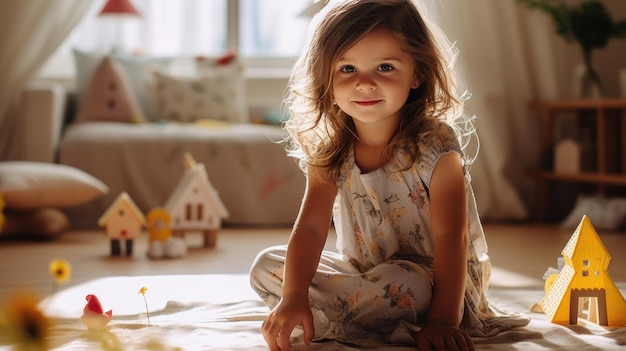 Una ragazza che gioca felice e sorride strisciando sul tappeto del soggiorno con i giocattoli intorno a lei