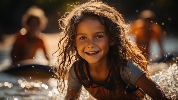 Una ragazza che gioca in acqua con la sua tavola da surf