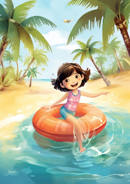 Una ragazza che gioca sull'illustrazione della spiaggia