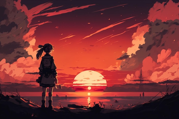 Una ragazza che guarda il tramonto sulla spiaggia