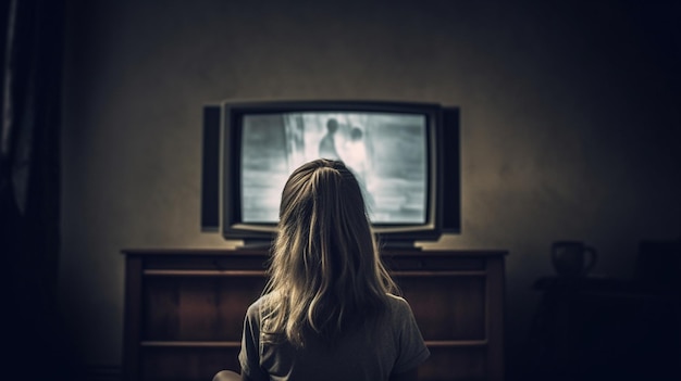 Una ragazza che guarda la tv in una stanza buia