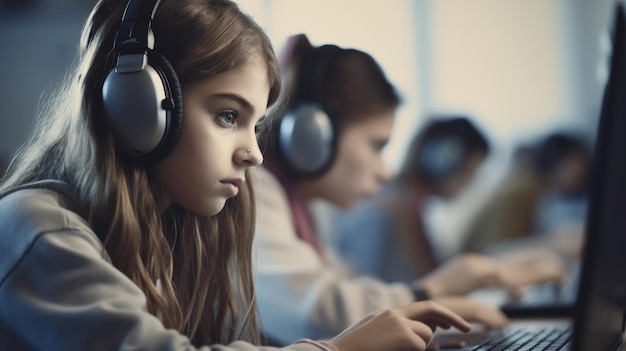 Una ragazza che indossa le cuffie si siede al computer con un auricolare.