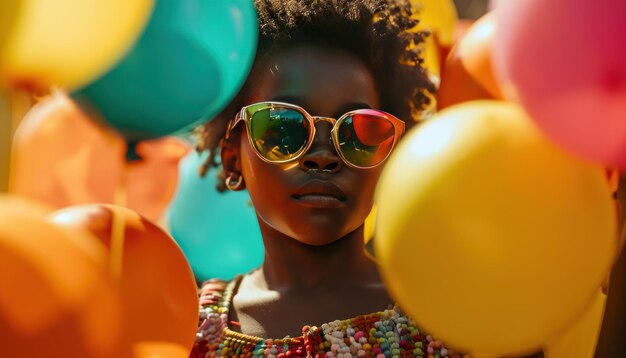 una ragazza che indossa occhiali da sole tiene palloncini intorno al viso