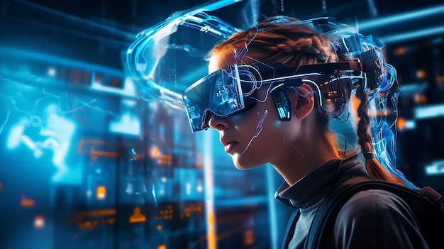 una ragazza che indossa occhiali VR con uno sfondo di stile tecnologico futuro