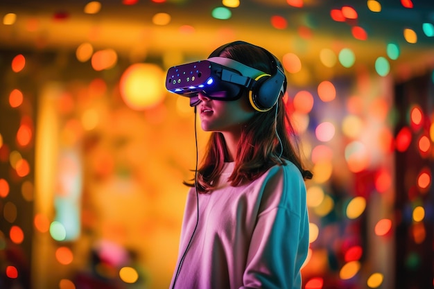 Una ragazza che indossa un auricolare VR si trova di fronte a uno sfondo colorato con luci.