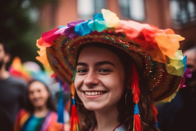 Una ragazza che indossa un cappello colorato sorride alla telecamera