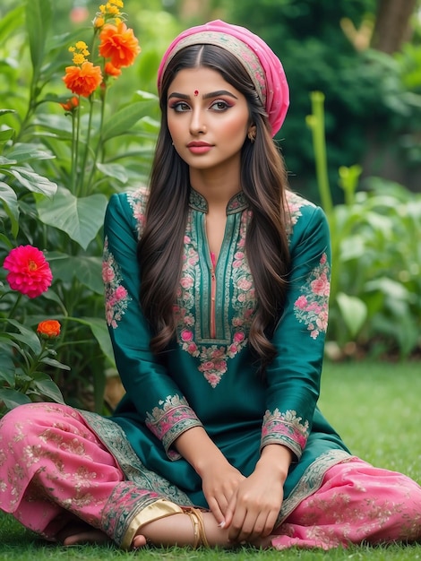 Una ragazza che indossa un salwar kameez è seduta in un giardino di fiori con un berretto di fiori sulla testa