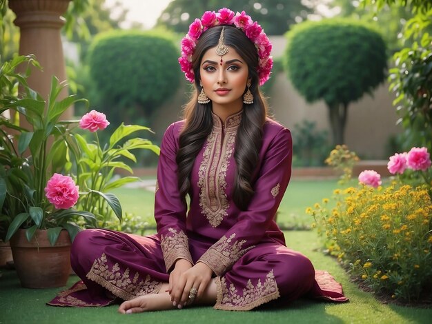 Una ragazza che indossa un salwar kameez è seduta in un giardino di fiori con un berretto di fiori sulla testa