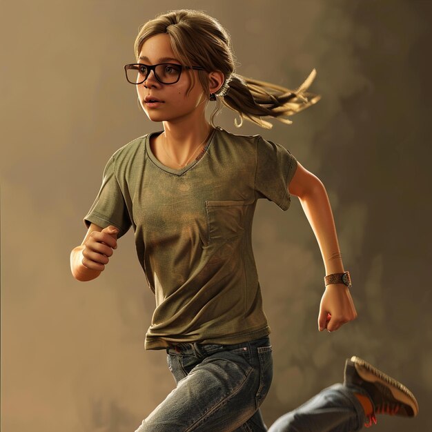 una ragazza che indossa una camicia verde con una foto di una ragazza in corsa in aria