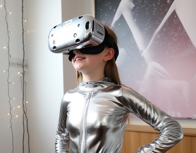 Una ragazza che indossa una maschera VR in una stanza con pareti d'argento