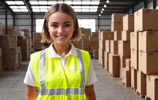 Una ragazza che lavora in un magazzino una bella donna che lavora nell'industria della logistica il caricatore al lavoro AI generativa