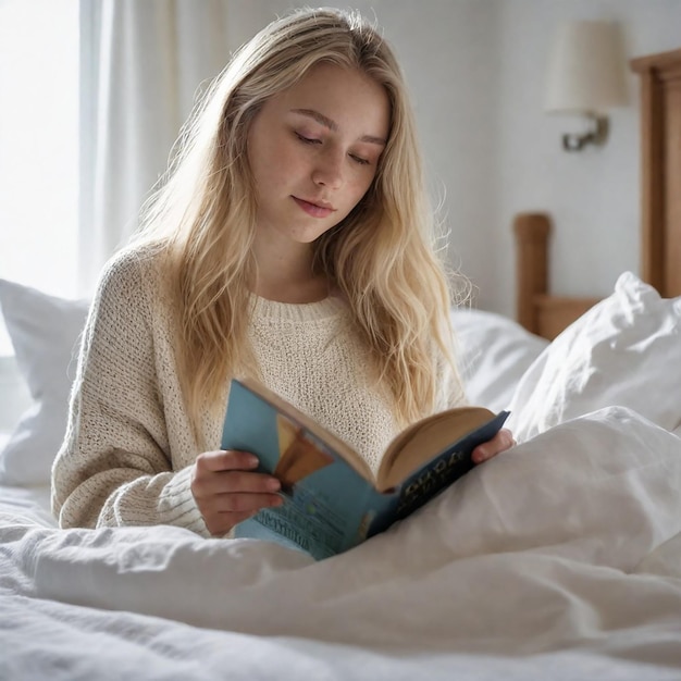 una ragazza che legge un libro a letto con una coperta bianca