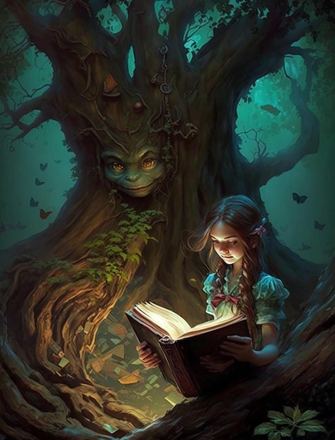 Una ragazza che legge un libro davanti a un albero con un albero sullo sfondo.