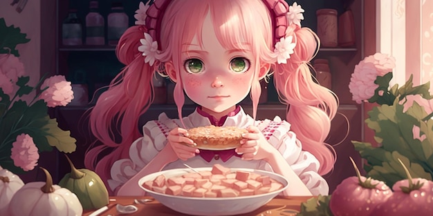 Una ragazza che mangia una ciotola di cibo con i capelli rosa e gli occhi rosa.