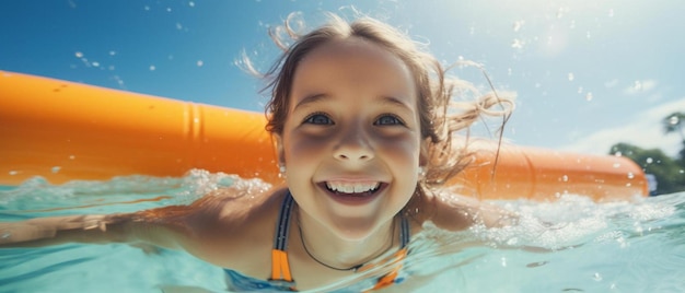 una ragazza che nuota nell'acqua con un tubo che dice sorriso felice