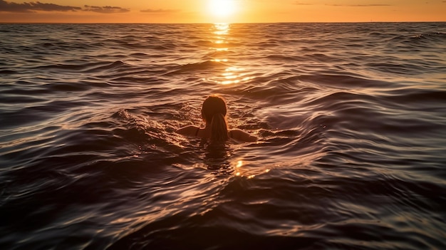 Una ragazza che nuota nell'oceano con il sole che tramonta dietro di lei.