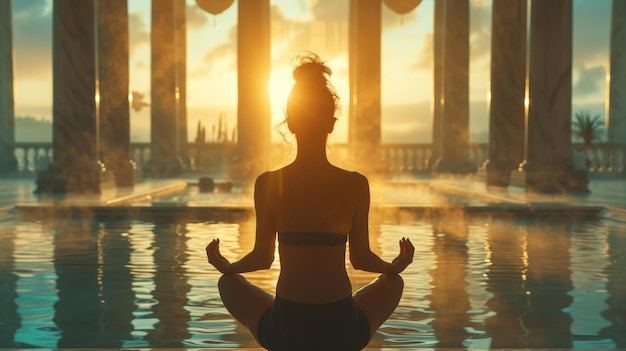 Una ragazza che pratica lo yoga al tramonto esegue Padmasana esercizi pose di loto