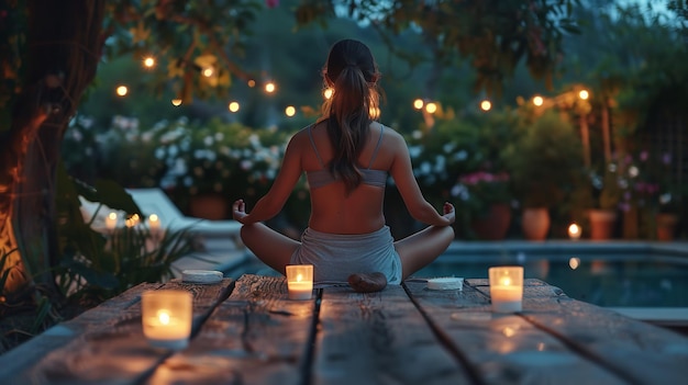 Una ragazza che pratica lo yoga su un portico di legno nel suo cortile mentre le candele bruciano contro uno sfondo sfocato e spazio per testo o prodotto AI generativa
