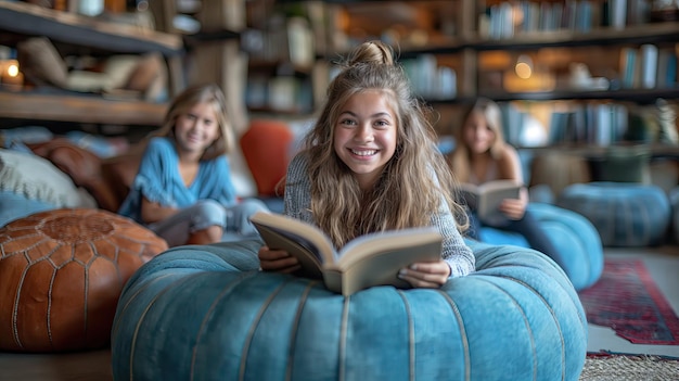 Una ragazza che ride legge un libro alle Giornate Mondiali del Libro AI