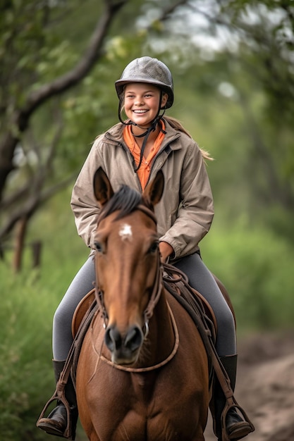 Una ragazza che si diverte a cavallo all'aperto creata con l'AI generativa