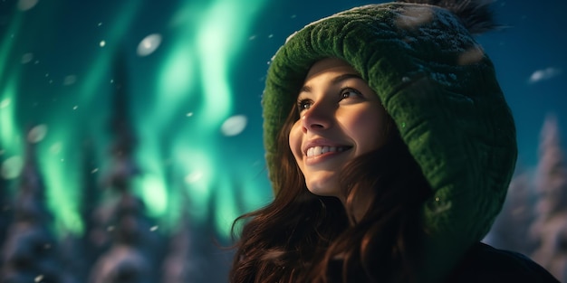 Una ragazza che si gode l'aurora natalizia in Alaska. Intelligenza artificiale generativa