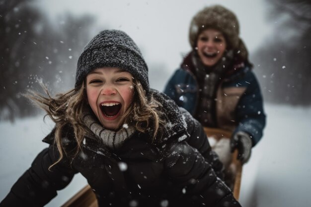 Una ragazza che slitta sulla neve con sua madre e suo fratello