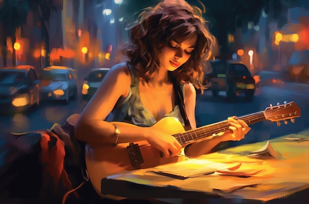 Una ragazza che suona una chitarra in una strada di notte