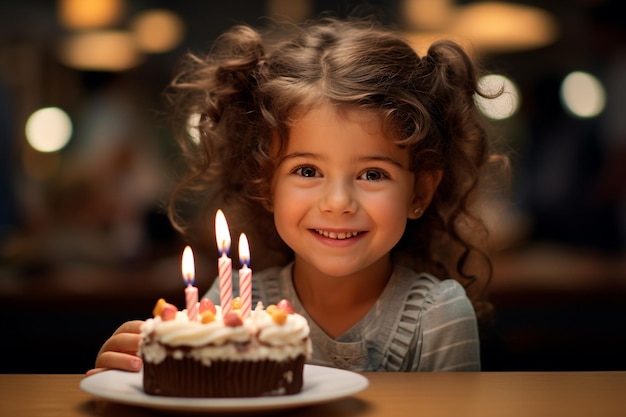 una ragazza che tiene una torta di compleanno con diverse candele su sfondo caldo stile bokeh