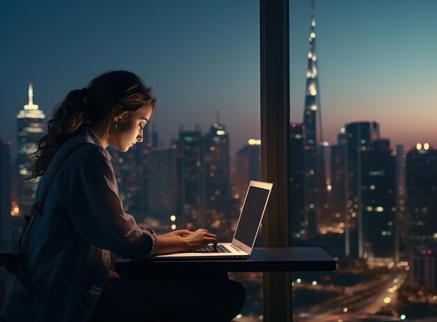 una ragazza che usa un laptop che indica lo skyline