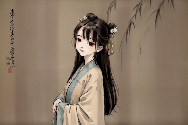 Una ragazza cinese in kimono con un ramo di bambù dietro di lei.