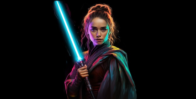 una ragazza Clarke come un Jedi con una spada laser