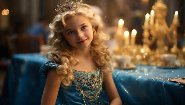 Una ragazza come una principessa Capelli biondi In un abito da principessa blu
