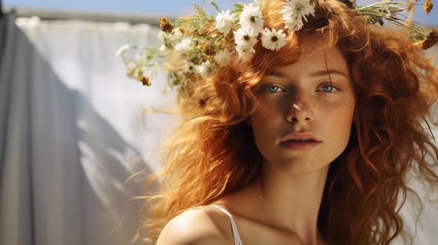 Una ragazza con bellissimi fiori nei capelli generativa AI