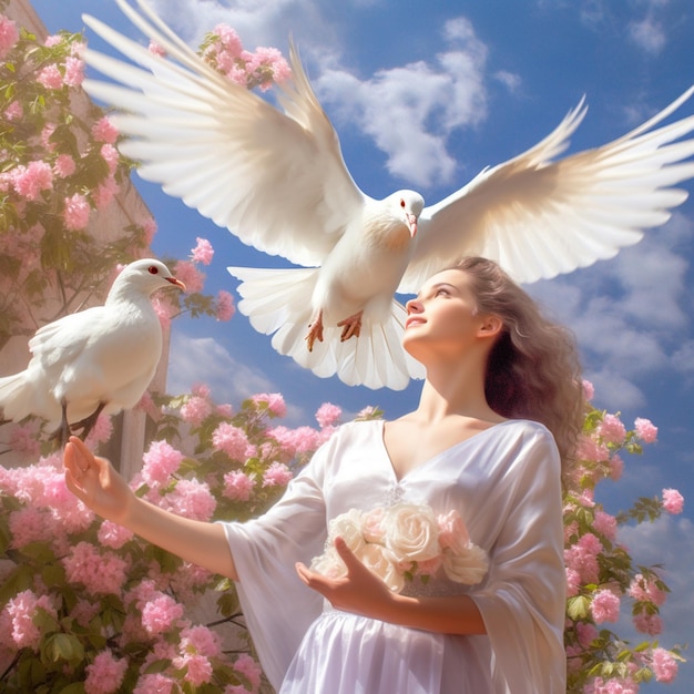 una ragazza con due uccelli bianchi con campi e sfondo del cielo