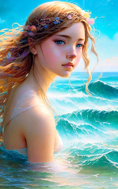 Una ragazza con gli occhi azzurri è in piedi di fronte all'oceano.