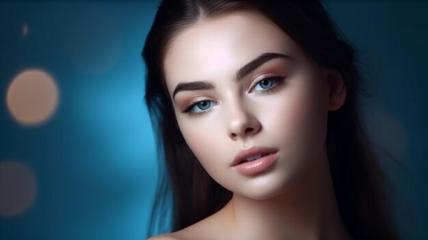 Una ragazza con gli occhi azzurri e uno sfondo blu
