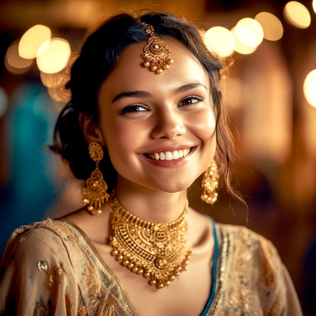 Una ragazza con gli occhi belli che indossa un saree indiano e gioielli d'oro in uno sfondo sfocato