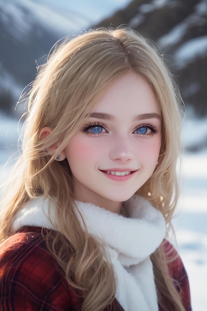 Una ragazza con gli occhi blu è in piedi nella neve.