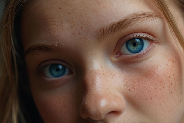 una ragazza con gli occhi blu e le lentiggini sul viso