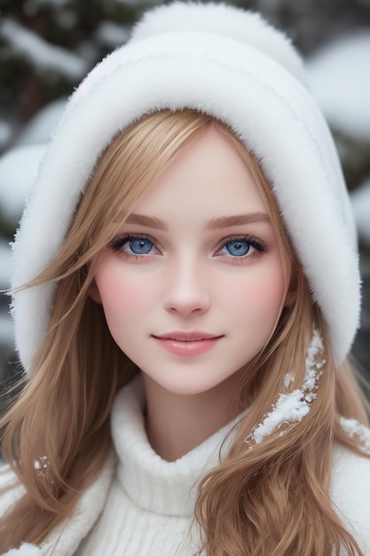 Una ragazza con gli occhi blu e un cappello bianco.