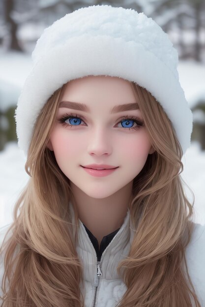 Una ragazza con gli occhi blu e un cappello bianco.