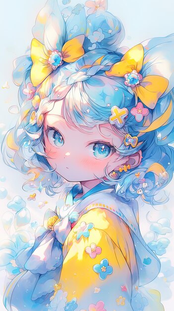 una ragazza con gli occhi blu e un fiore giallo nei capelli