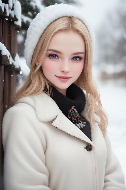 Una ragazza con gli occhi blu in un cappotto bianco e un cappello