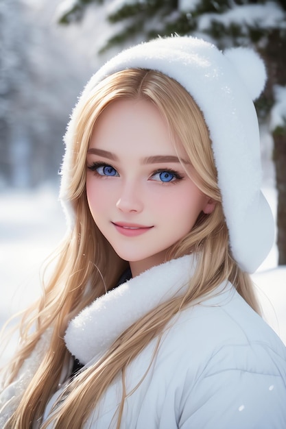 Una ragazza con gli occhi blu in un cappotto bianco si trova nella neve.