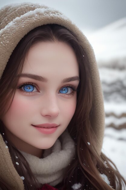 Una ragazza con gli occhi blu nella neve