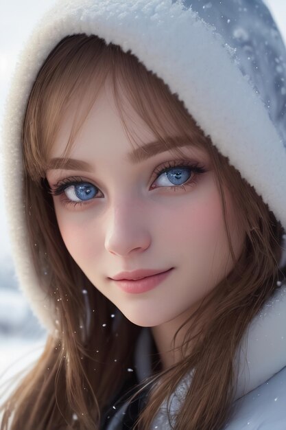 Una ragazza con gli occhi blu nella neve