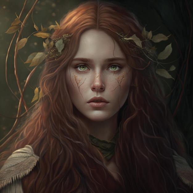 Una ragazza con gli occhi verdi e una corona di foglie in testa