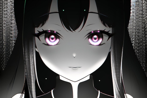 Una ragazza con gli occhi viola e gli occhi viola è mostrata con uno sfondo nero.