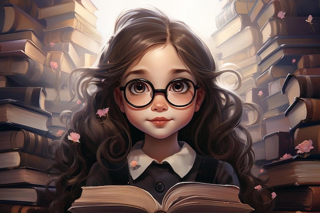 una ragazza con gli occhiali che legge un libro chiamato ragazza con una farfalla in testa.