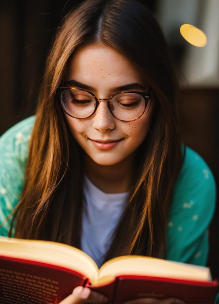 una ragazza con gli occhiali che legge un libro con le lentiggini sul viso